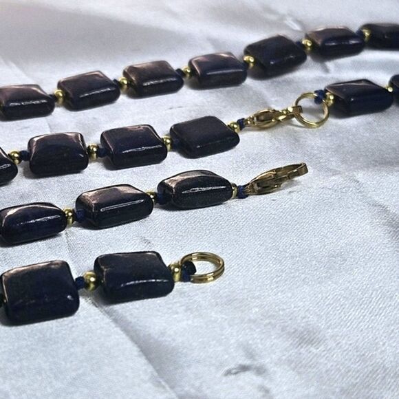 Natural Deep Blue Lapis Lazuli 12mm Flat Square Triple Strand Necklace 14K Gold - Picture 5 of 9